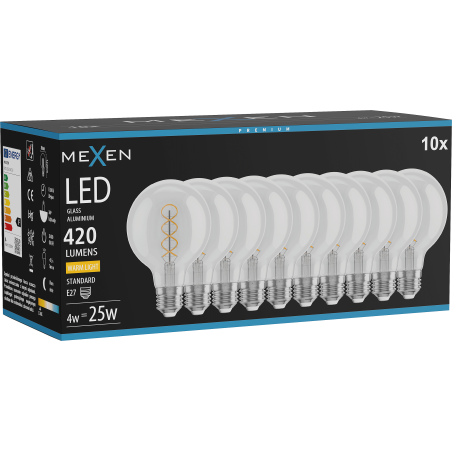 Mexen Vintis 10x Ampoule filament spirale LED E27, G80, 4W, Chaude - 2700K, 420 lm, claire - L165-E27-0427-00x10