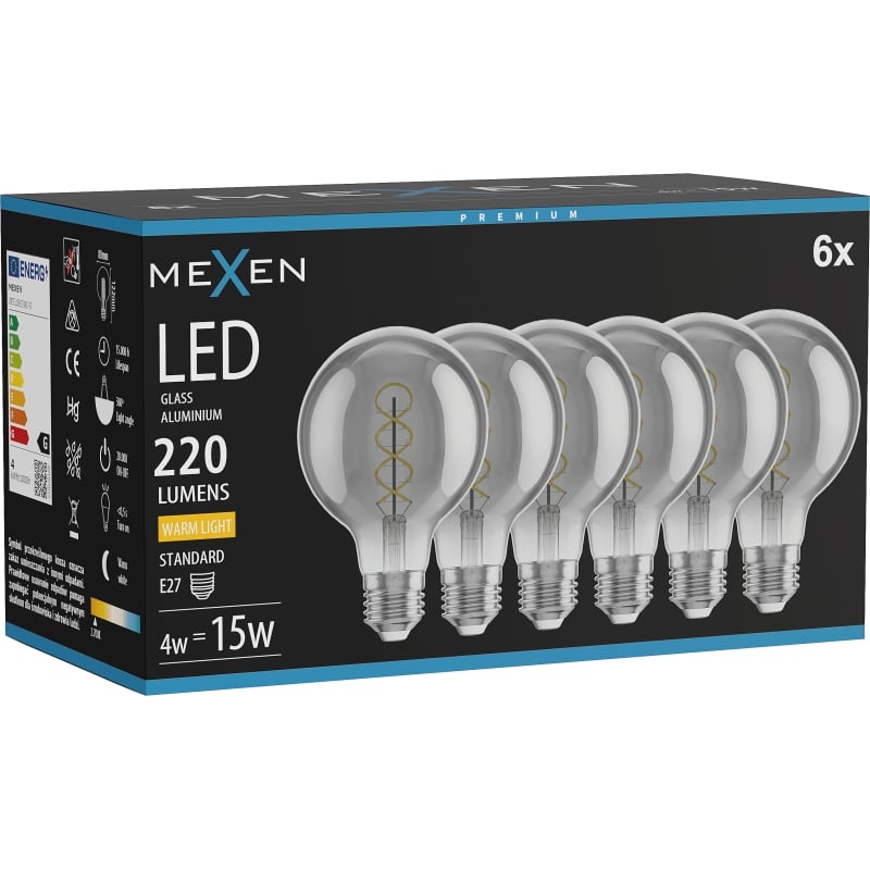 Mexen Vintis 6x Ampoule filament spirale LED E27, G80, 4W, Chaud - 2700K, 220 lm, fumée - L165-E27-0427-70x06