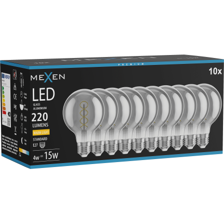 Mexen Vintis 10x Ampoule filament spirale LED E27, G80, 4W, Chaude - 2700K, 220 lm, fumée - L165-E27-0427-70x10