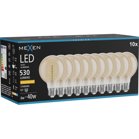 Mexen Vintis 10x Ampoule filament spirale LED E27, G80, 6W, Chaude - 2200K, 530 lm, ambre - L165-E27-0622-50x10