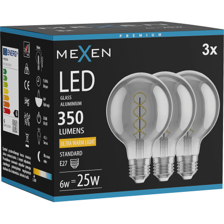 Mexen Vintis 3x Ampoule filament spirale LED E27, G80, 6W, Chaude - 2200K, 350 lm, fumée - L165-E27-0622-70x03