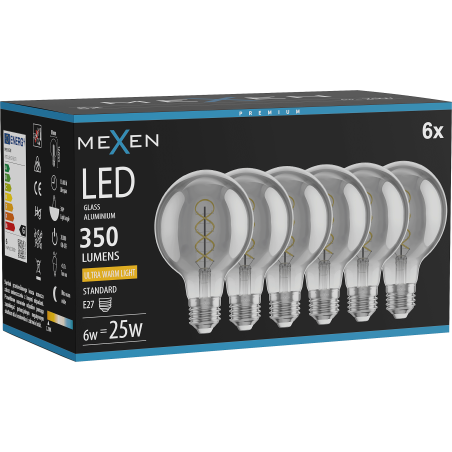 Mexen Vintis 6x Ampoule à filament spirale LED E27, G80, 6W, Chaude - 2200K, 350 lm, fumée - L165-E27-0622-70x06