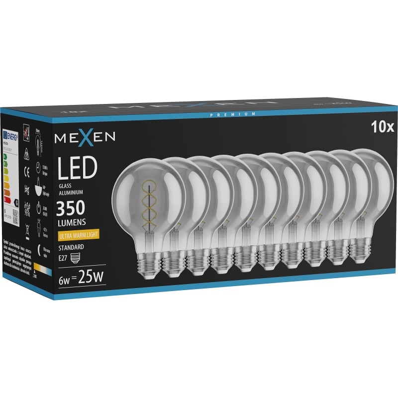 Mexen Vintis 10x Ampoule filament spirale LED E27, G80, 6W, Chaude - 2200K, 350 lm, fumée - L165-E27-0622-70x10