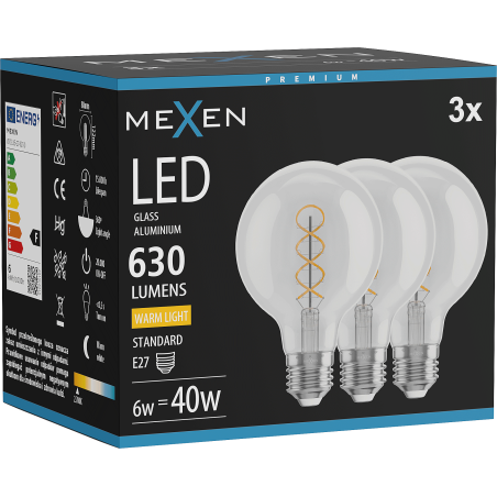 Mexen Vintis 3x ampoule LED filament spirale E27, G80, 6W, Chaude - 2700K, 630 lm, clair - L165-E27-0627-00x03