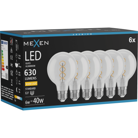 Mexen Vintis 6x Ampoule à filament en spirale LED E27, G80, 6W, Chaude - 2700K, 630 lm, claire - L165-E27-0627-00x06