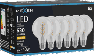 Mexen Vintis 6x Ampoule à filament en spirale LED E27, G80, 6W, Chaude - 2700K, 630 lm, claire - L165-E27-0627-00x06