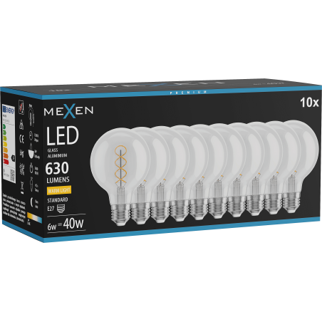 Mexen Vintis 10x Ampoule à filament spirale LED E27, G80, 6W, Chaude - 2700K, 630 lm, clair - L165-E27-0627-00x10