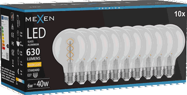 Mexen Vintis 10x Ampoule à filament spirale LED E27, G80, 6W, Chaude - 2700K, 630 lm, clair - L165-E27-0627-00x10