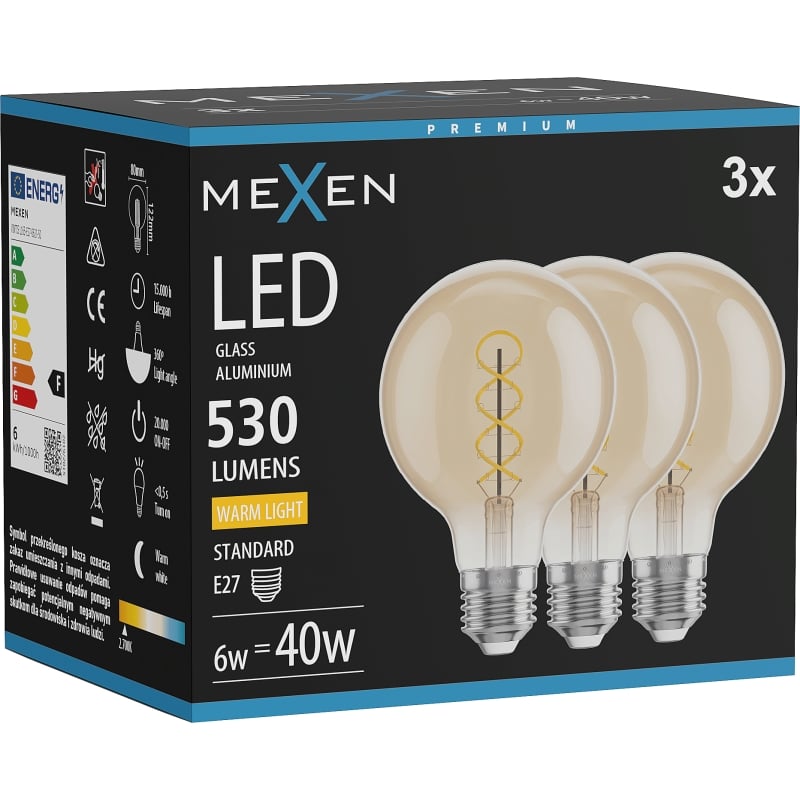 Mexen Vintis 3x Ampoule LED filament spirale E27, G80, 6W, Chaude - 2700K, 530 lm, ambre - L165-E27-0627-50x03