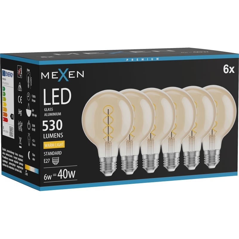 Mexen Vintis 6x Ampoule filament spirale LED E27, G80, 6W, Chaude - 2700K, 530 lm, ambre - L165-E27-0627-50x06