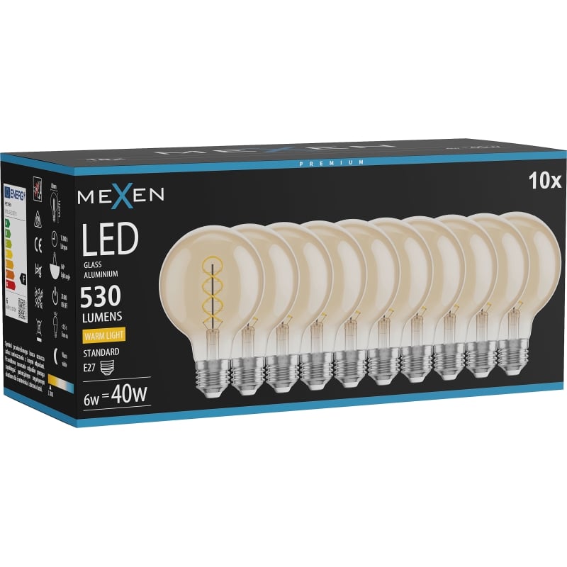 Mexen Vintis 10x Ampoule filament spirale LED E27, G80, 6W, Chaude - 2700K, 530 lm, ambre - L165-E27-0627-50x10