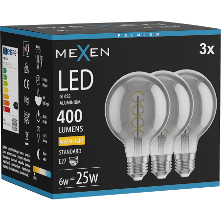 Mexen Vintis 3x ampoule filament spirale LED E27, G80, 6W, Chaude - 2700K, 400 lm, smoke - L165-E27-0627-70x03