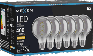 Mexen Vintis 6x Ampoule filament spirale LED E27, G80, 6W, Chaude - 2700K, 400 lm, fumée - L165-E27-0627-70x06