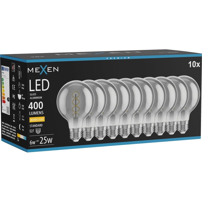 Mexen Vintis 10x Ampoule filament spirale LED E27, G80, 6W, Chaude - 2700K, 400 lm, fumée - L165-E27-0627-70x10
