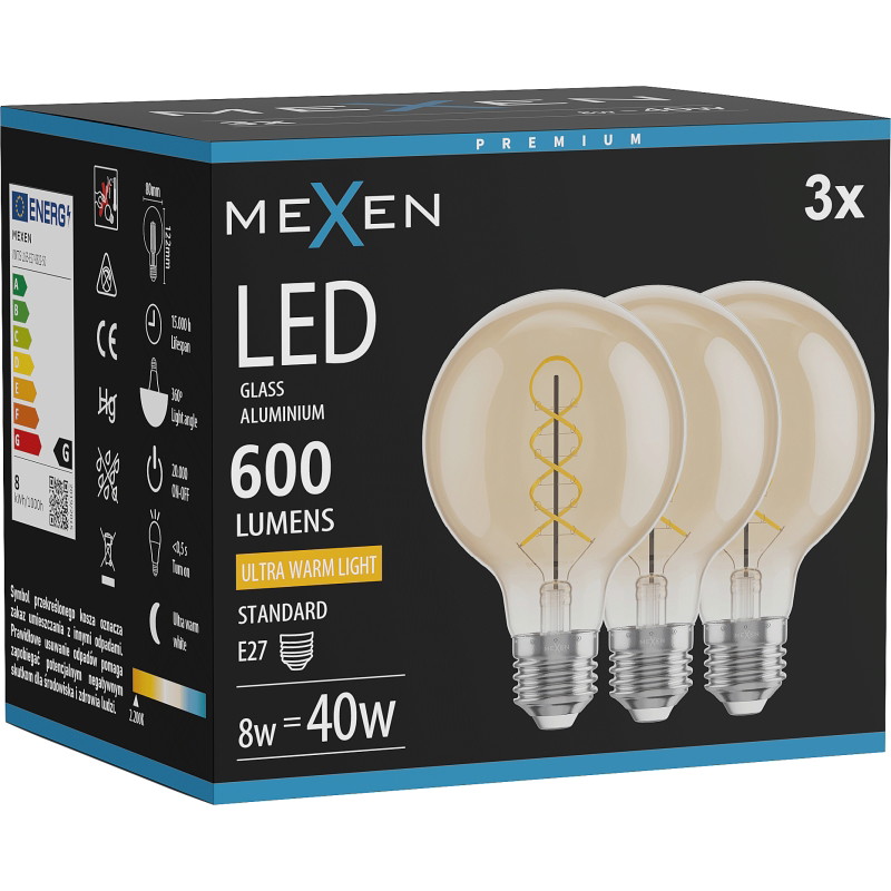 Mexen Vintis 3x Ampoule filament spirale LED E27, G80, 8W, Chaude - 2200K, 600 lm, ambre - L165-E27-0822-50x03