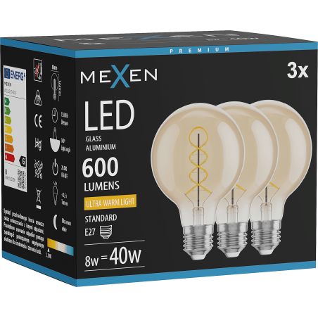Mexen Vintis 3x Ampoule filament spirale LED E27, G80, 8W, Chaude - 2200K, 600 lm, ambre - L165-E27-0822-50x03
