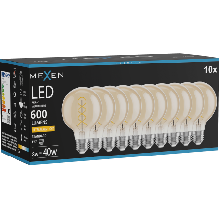 Mexen Vintis 10x Ampoule filament spirale LED E27, G80, 8W, Chaud - 2200K, 600 lm, ambre - L165-E27-0822-50x10