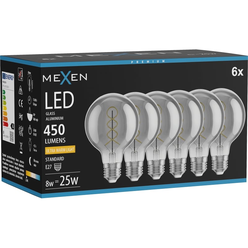 Mexen Vintis 6x Ampoule filament spirale LED E27, G80, 8W, Chaude - 2200K, 450 lm, fumée - L165-E27-0822-70x06