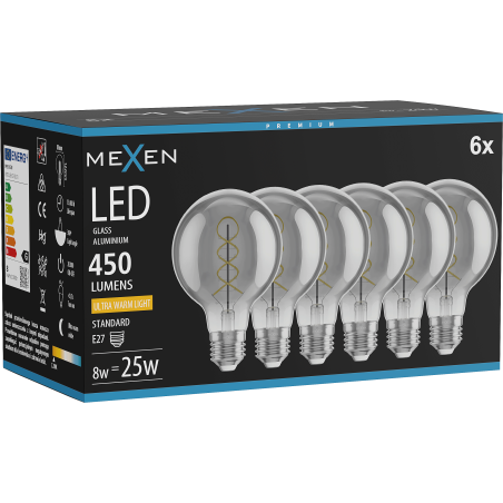 Mexen Vintis 6x Ampoule filament spirale LED E27, G80, 8W, Chaude - 2200K, 450 lm, fumée - L165-E27-0822-70x06