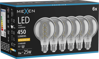 Mexen Vintis 6x Ampoule filament spirale LED E27, G80, 8W, Chaude - 2200K, 450 lm, fumée - L165-E27-0822-70x06