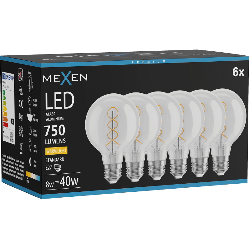 Mexen Vintis 6x ampoule filament spirale LED E27, G80, 8W, Chaude - 2700K, 750 lm, transparent - L165-E27-0827-00x06