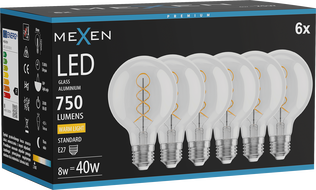 Mexen Vintis 6x ampoule filament spirale LED E27, G80, 8W, Chaude - 2700K, 750 lm, transparent - L165-E27-0827-00x06