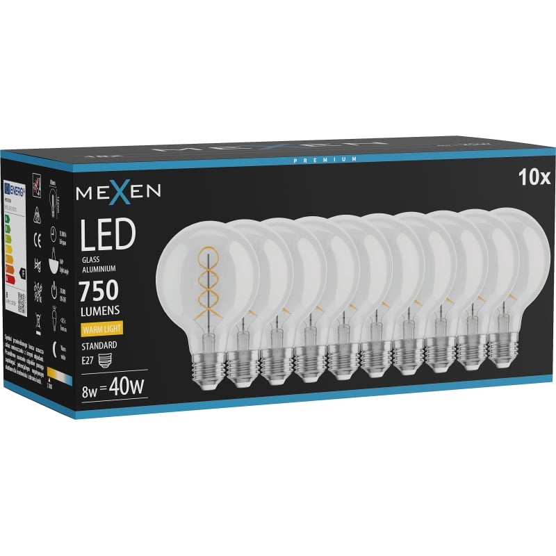 Mexen Vintis 10x Ampoule à filament spiralé LED E27, G80, 8W, Chaud - 2700K, 750 lm, clair - L165-E27-0827-00x10
