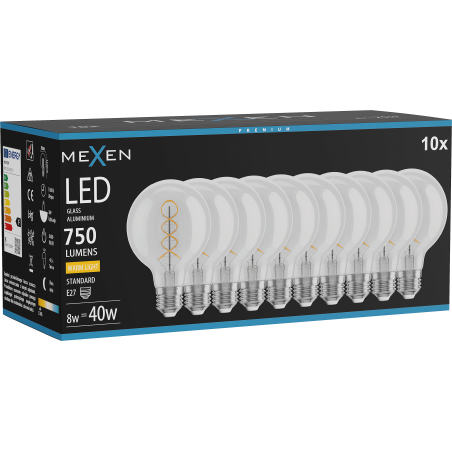 Mexen Vintis 10x Ampoule à filament spiralé LED E27, G80, 8W, Chaud - 2700K, 750 lm, clair - L165-E27-0827-00x10