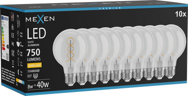 Mexen Vintis 10x Ampoule à filament spiralé LED E27, G80, 8W, Chaud - 2700K, 750 lm, clair - L165-E27-0827-00x10