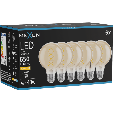 Mexen Vintis 6x Ampoule à filament spirale LED E27, G80, 8W, Chaud - 2700K, 650 lm, ambre - L165-E27-0827-50x06