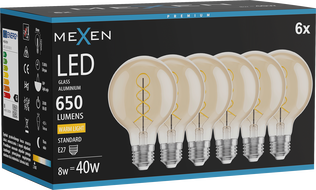 Mexen Vintis 6x Ampoule à filament spirale LED E27, G80, 8W, Chaud - 2700K, 650 lm, ambre - L165-E27-0827-50x06