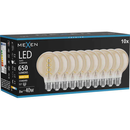 Mexen Vintis 10x Ampoule à filament spirale LED E27, G80, 8W, Chaude - 2700K, 650 lm, ambre - L165-E27-0827-50x10