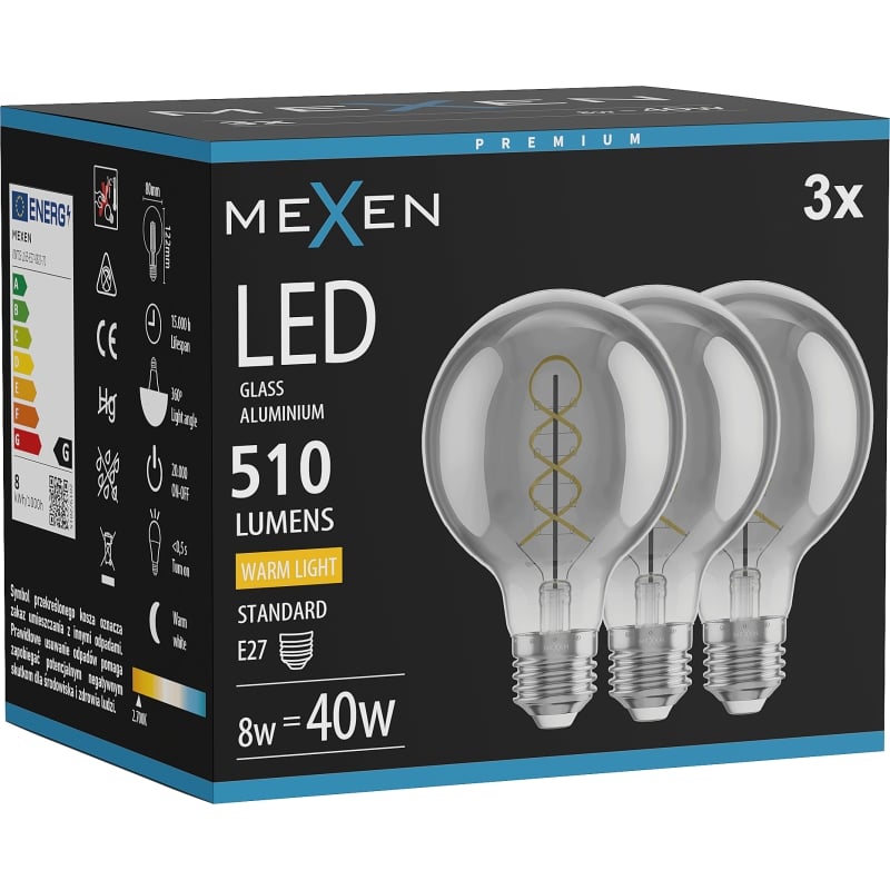 Mexen Vintis 3x Ampoule filament spirale LED E27, G80, 8W, Chaude - 2700K, 510 lm, fumée - L165-E27-0827-70x03