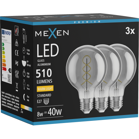 Mexen Vintis 3x Ampoule filament spirale LED E27, G80, 8W, Chaude - 2700K, 510 lm, fumée - L165-E27-0827-70x03