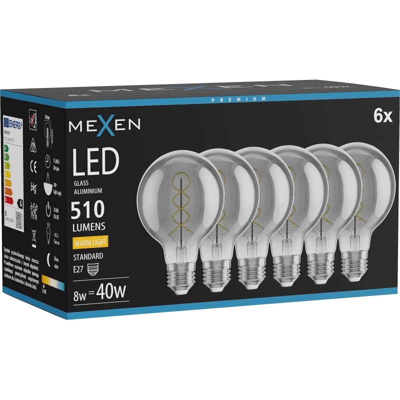 Mexen Vintis 6x Ampoule filament spirale LED E27, G80, 8W, Chaude - 2700K, 510 lm, fumée - L165-E27-0827-70x06