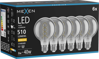 Mexen Vintis 6x Ampoule filament spirale LED E27, G80, 8W, Chaude - 2700K, 510 lm, fumée - L165-E27-0827-70x06