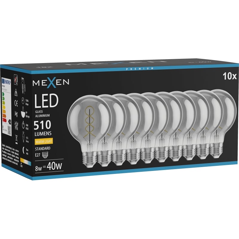 Mexen Vintis 10x Ampoule à filament spirale LED E27, G80, 8W, Chaude - 2700K, 510 lm, fumée - L165-E27-0827-70x10