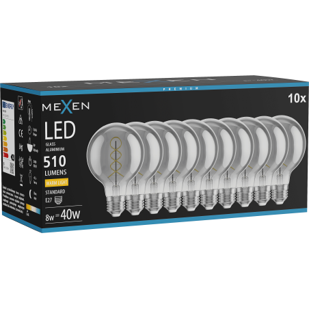 Mexen Vintis 10x Ampoule à filament spirale LED E27, G80, 8W, Chaude - 2700K, 510 lm, fumée - L165-E27-0827-70x10