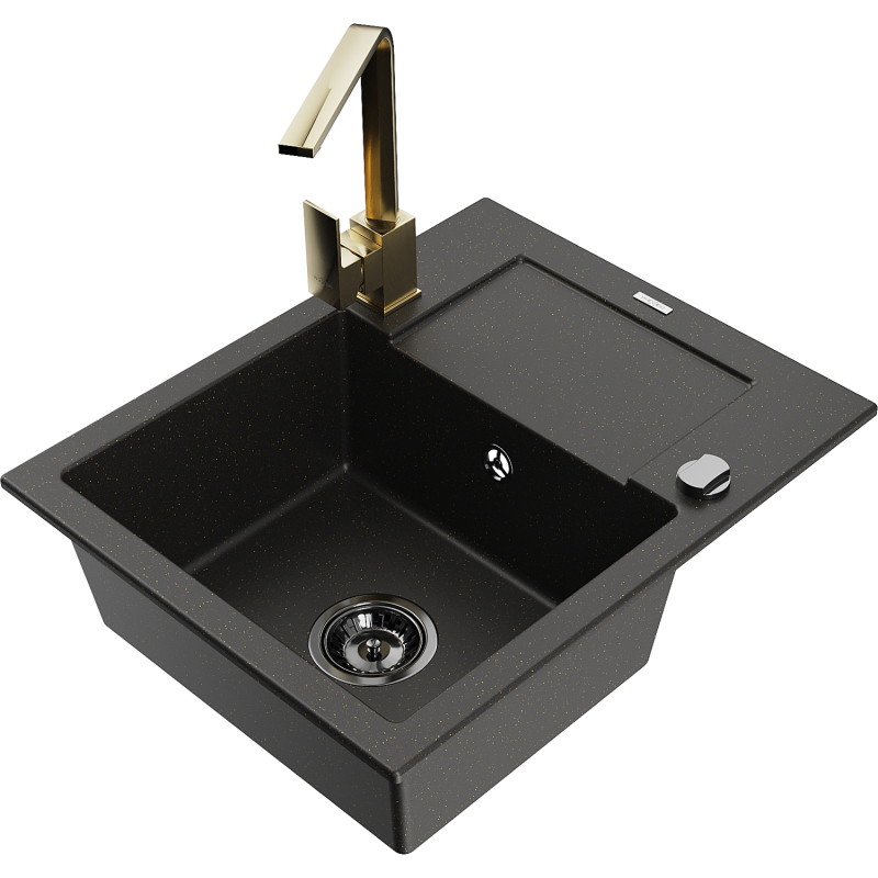 Mexen Enzo Évier de cuisine en granit simple avec égouttoir et robinet Rita, noir/or métallique - 6506-75-670300-50-B