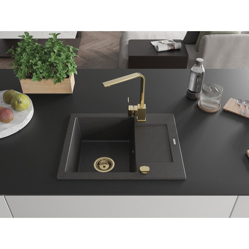 Mexen Enzo évier en granit 1 bac avec égouttoir et mitigeur de cuisine Rita, noir moucheté - 6506-76-670300-50