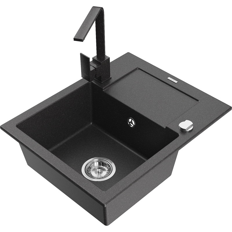 Mexen Enzo évier en granit à 1 bac avec égouttoir et robinet de cuisine Rita, noir moucheté - 6506-76-670300-76