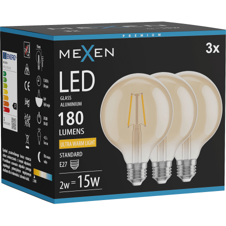 Mexen Vintis 3x Ampoule filament LED E27, G95, 2W, Chaude - 2200K, 180 lm, ambrée - L157-E27-0222-50x03