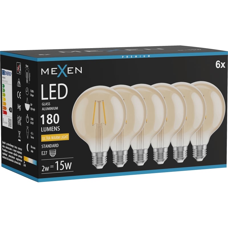 Mexen Vintis 6x Ampoule filament LED E27, G95, 2W, Chaude - 2200K, 180 lm, ambre - L157-E27-0222-50x06