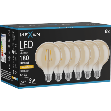 Mexen Vintis 6x Ampoule filament LED E27, G95, 2W, Chaude - 2200K, 180 lm, ambre - L157-E27-0222-50x06