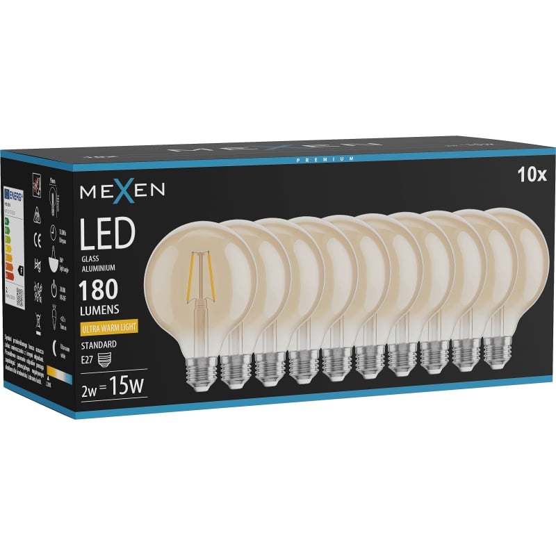 Mexen Vintis 10x Ampoule à filament LED E27, G95, 2W, Chaude - 2200K, 180 lm, ambre - L157-E27-0222-50x10