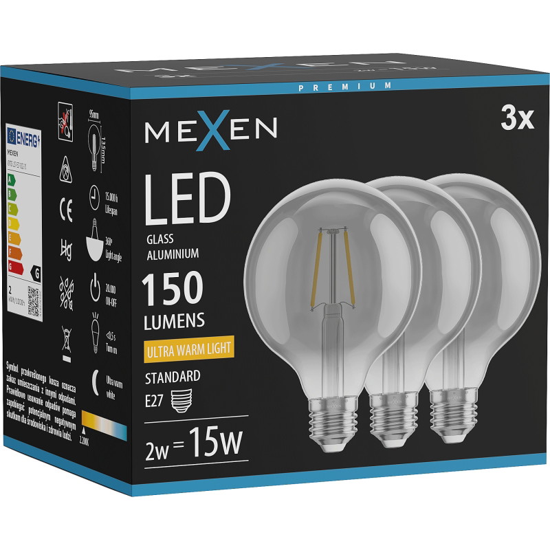 Mexen Vintis 3x Ampoule filament LED E27, G95, 2W, Chaude - 2200K, 150 lm, fumée - L157-E27-0222-70x03