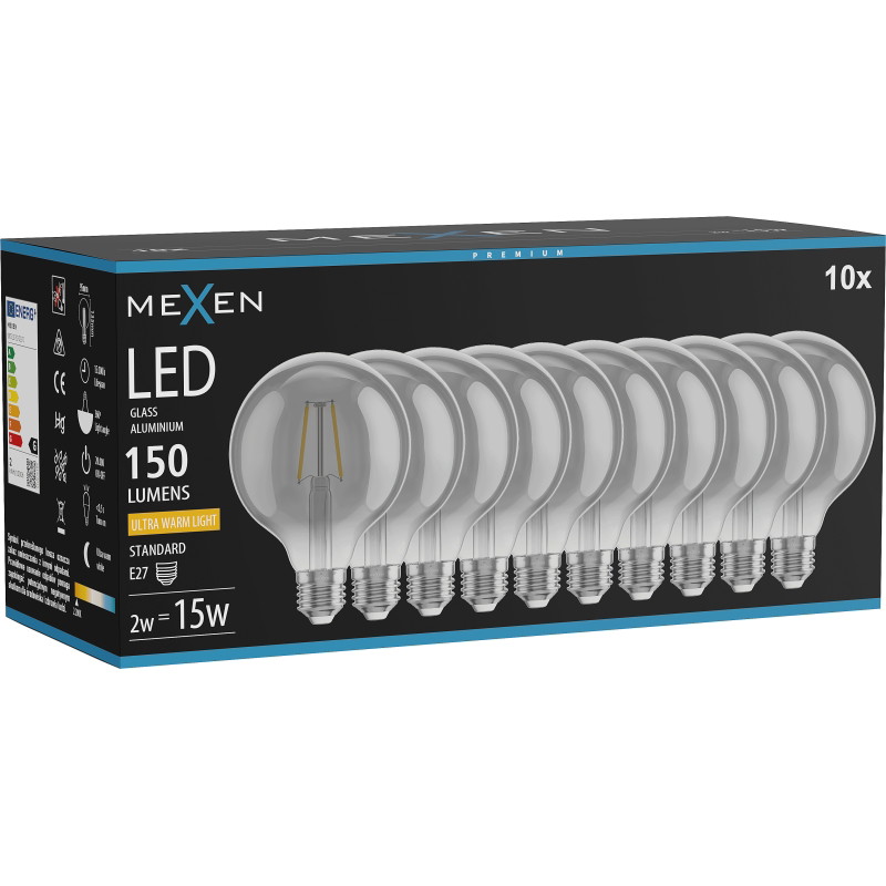 Mexen Vintis 10x Ampoule filament LED E27, G95, 2W, Chaude - 2200K, 150 lm, fumé - L157-E27-0222-70x10