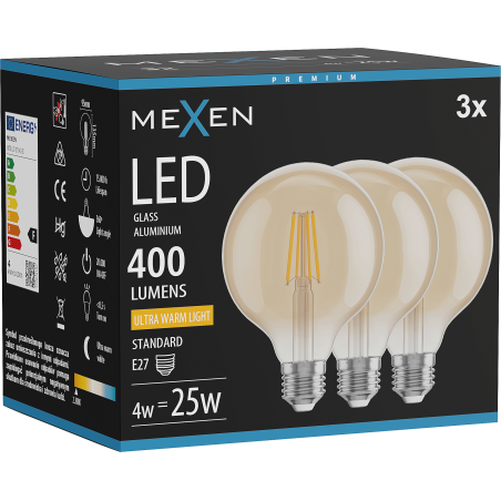 Mexen Vintis 3x Ampoule filament LED E27, G95, 4W, Chaude - 2200K, 400 lm, ambre - L157-E27-0422-50x03