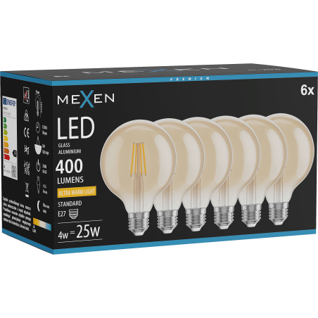 Mexen Vintis 6x Ampoule filament LED E27, G95, 4W, Chaude - 2200K, 400 lm, ambre - L157-E27-0422-50x06