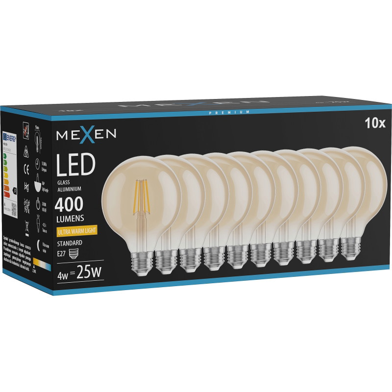 Mexen Vintis 10x ampoule filament LED E27, G95, 4W, Chaude - 2200K, 400 lm, ambre - L157-E27-0422-50x10